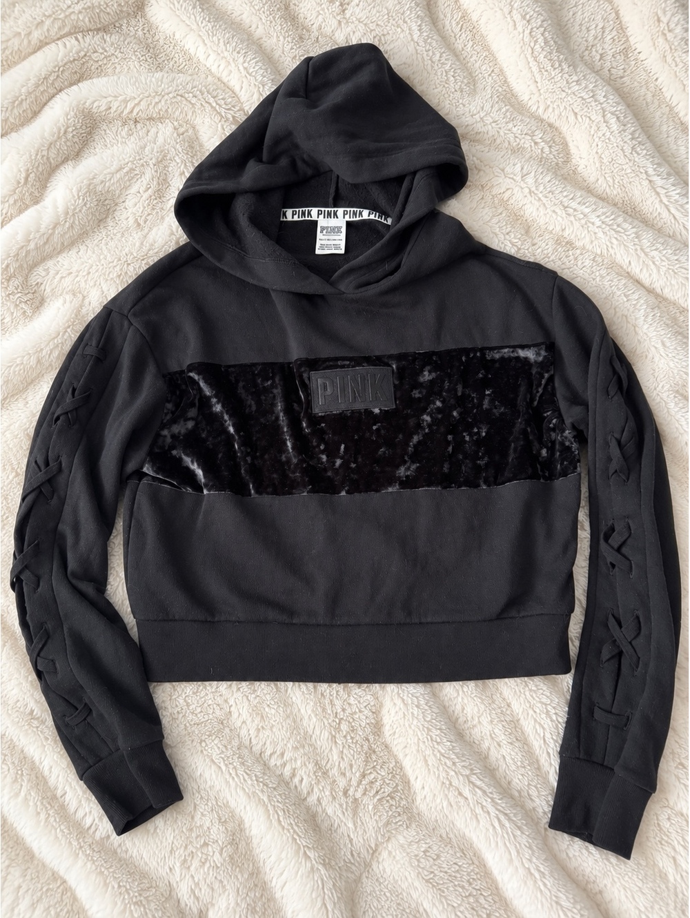 PINK Victoria's Secret Black Velvet Accent Hoodie Sweatshirt XS